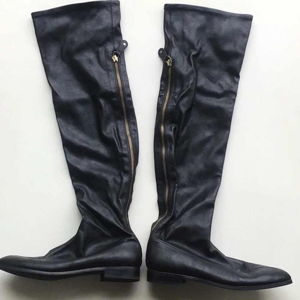 Black Over-the-Knee faux leather flat stretchy Women's Boots
